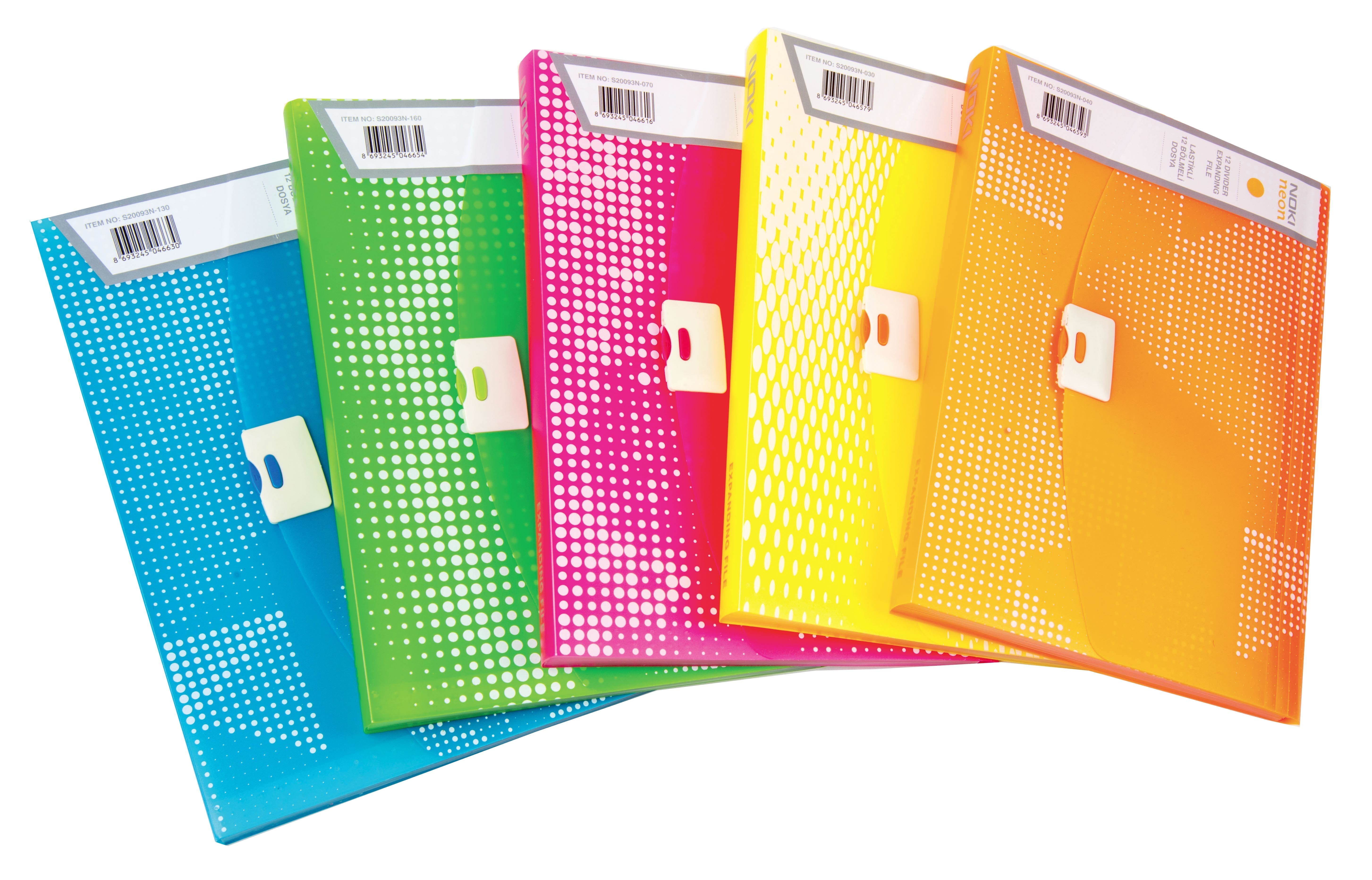 Mapa plastic A4, de prezentare, 12 compartimente, roz neon, Noki