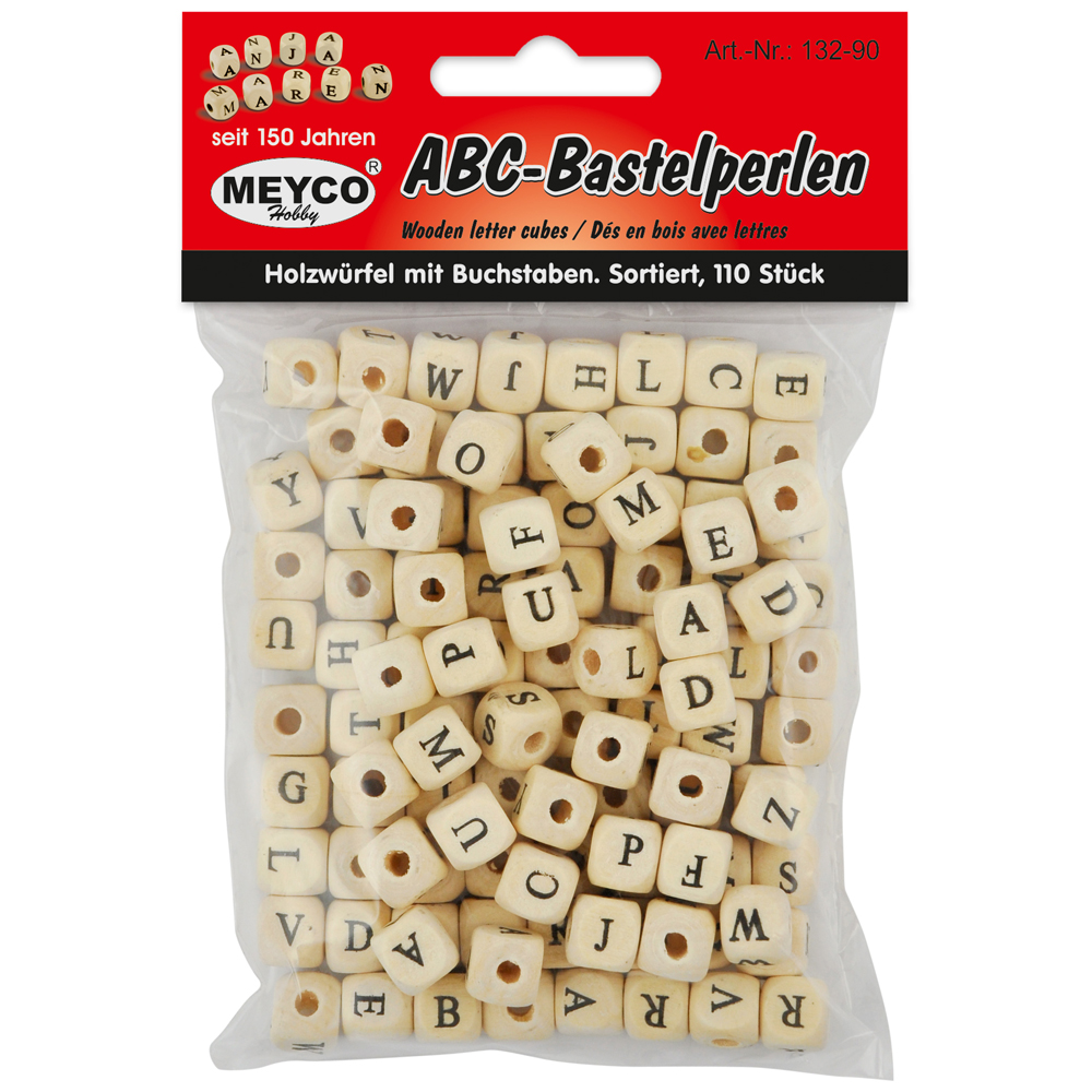 Accesorii creatie, margele alfabet lemn, 9x9x9mm, 110 buc/set, natur, Meyco