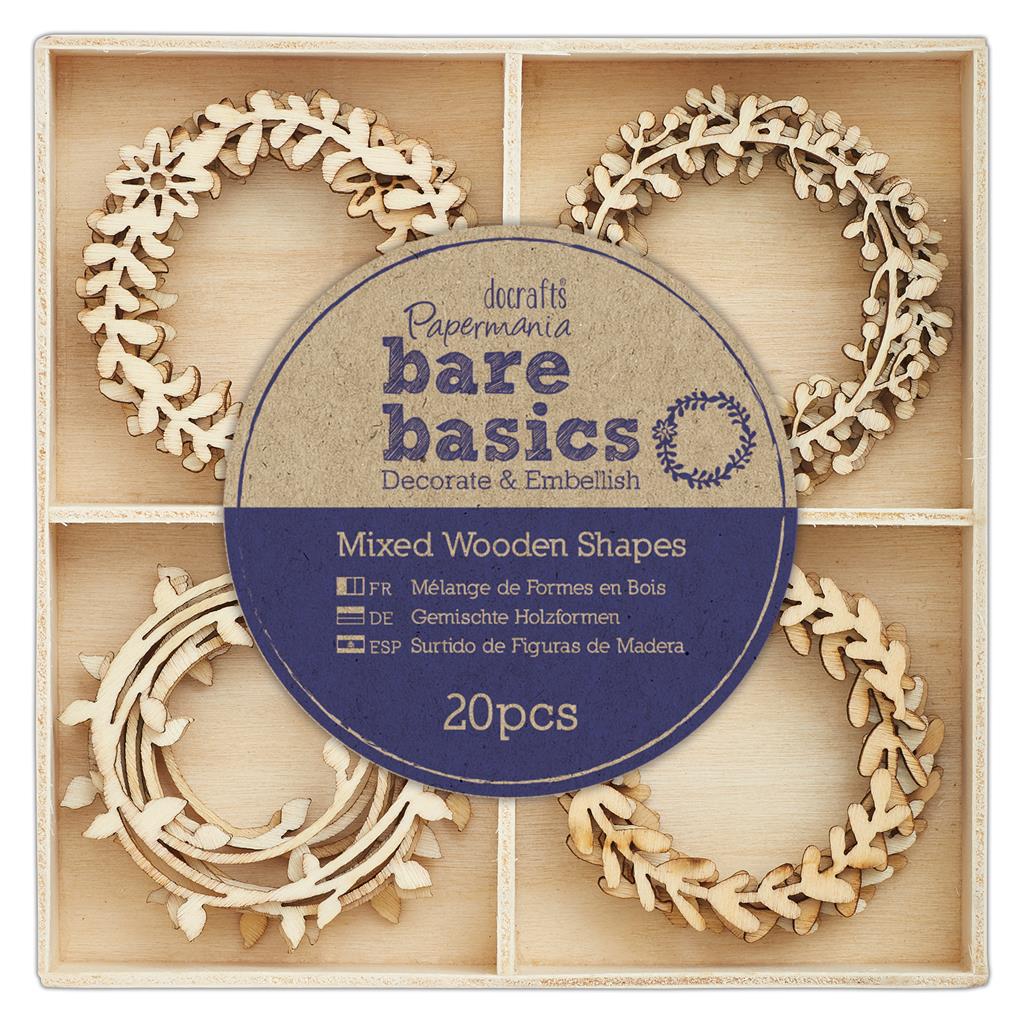 Forme decorative din lemn - Wreaths, 4 modele diferite, 20 buc/set, natur, Bare Basics Papermania