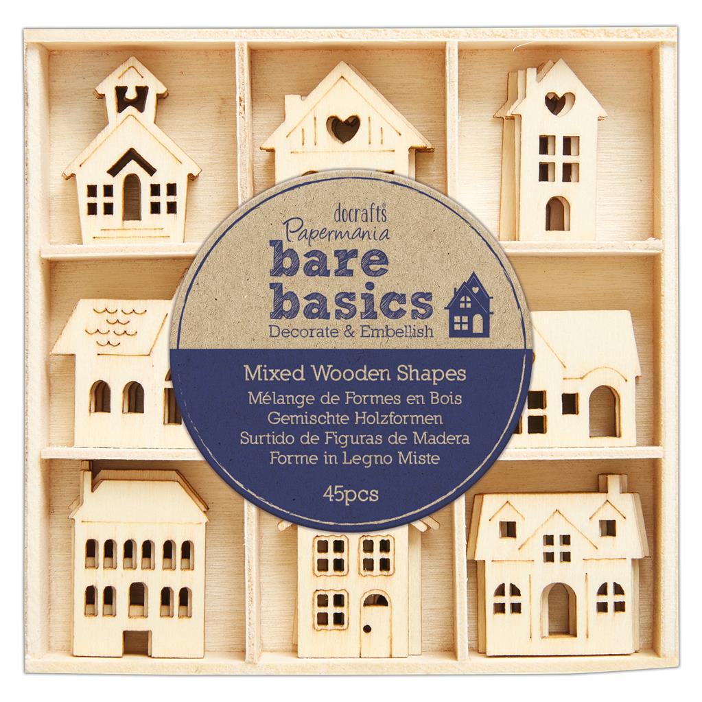 Forme decorative din lemn - Houses, 9 modele diferite 45 buc/set, natur, Bare Basics Papermania