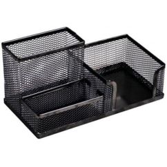 Suport accesorii de birou, 3 compartimente, plasa metalica, negru, Standard