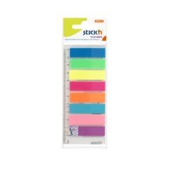 Index autoadeziv din plastic, cu rigla, 12x45mm, 8 culori x 25 file/set, Stick'n