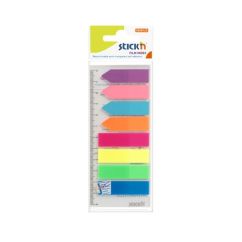 Index autoadeziv din plastic, cu rigla, 12x45mm, 8 culori x 25 file/set, index sageata, Stick'n