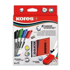 Marker whiteboard+burete magnetic, varf rotund 3mm, 4 culori/set, Kores