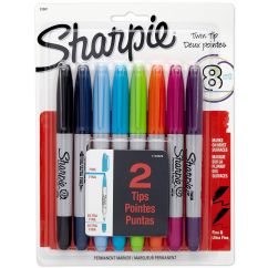 Marker permanent, 2 capete, varf fin 0.5/0.9mm, 8 culori/set, Sharpie Twin Tip