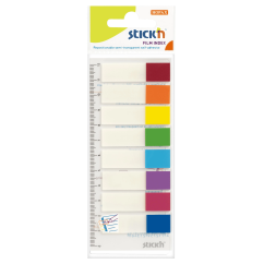 Index autoadeziv din plastic reinscriptibil, cu rigla, 12x45mm, 8 culori x 15 file/set, Kores