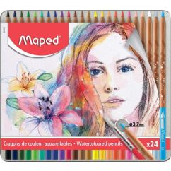 Creioane colorate, 24 culori/set, cutie metal, Maped Color`Peps Aqua Artist