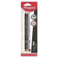 Creion grafit, HB, cu radiera, 3 buc/set, Maped Black`Peps Deco