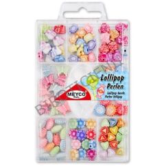 Accesorii creatie, margele plastic lollipop, cu snur elastic, 17g, diferite forme si culori, Meyco