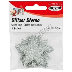 Accesorii creatie, stelute glitter din plastic, Ø 4.8cm, 8 buc/set, arginitiu, Meyco