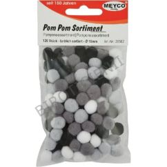 Accesorii creatie, pompom, Ø 10mm, 120 buc/set, alb/negru/gri, Meyco