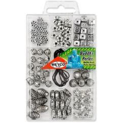 Accesorii creatie, margele Buddha, cu snur elastic, 17g, plastic, argintiu, diferite forme, Meyco