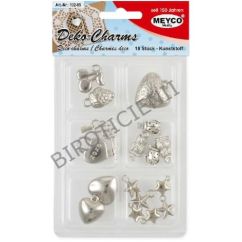 Accesorii creatie, charms/margele talisman, 18 buc/set, plastic, argintiu, diferite forme, Meyco