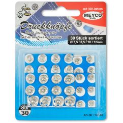 Capse metalice haine, Ø 7.5/8.5/10/12mm, 30 buc/set, argintiu, Meyco