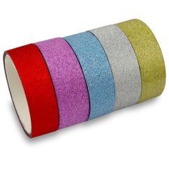 Banda adeziva decorativa washi, cu slipici/glitter, 1.5cmx3m, 5 buc/set, rosu/roz/bleu/argintiu/auriu, Meyco