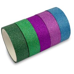 Banda adeziva decorativa washi, cu slipici/glitter, 1.5cmx3m, 5 buc/set, verde/violet/roz/bleu, Meyco
