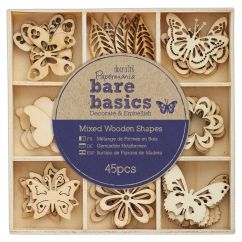 Forme decorative din lemn - Flowers & Butterflies, 9 modele diferite, 45 buc/set, natur, Bare Basics Papermania