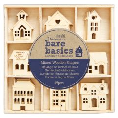 Forme decorative din lemn - Houses, 9 modele diferite 45 buc/set, natur, Bare Basics Papermania