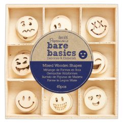 Forme decorative din lemn - Smiley Faces, 9 modele diferite, 45 buc/set, natur, Bare Basics Papermania
