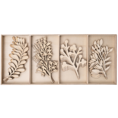 Forme decorative din lemn - frunze/crengute, 4 modele diferite, 20 buc/set, natur, Dp Craft