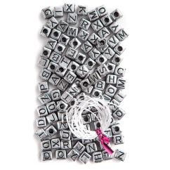 Margele litere alfabet din plastic, 0.5x0.5cm, 124 buc/set, argintiu, Dp Craft