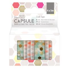 Banda adeziva decorativa washi, 4 benzi cu modele diferite x 5m, Geometric Neon, Capsule, Papermania