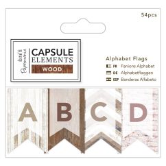 Forme decorative din lemn - steaguri/etichete cu litere, 26x42mm, 54 buc/set, Capsule Elements, Papermania