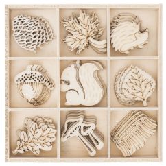 Forme decorative din lemn - Forest, 9 modele diferite, 45 buc/set, natur, Dp Craft