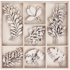 Forme decorative din lemn - frunze/crengute, 7 modele diferite, 35 buc/set, natur, Dp Craft