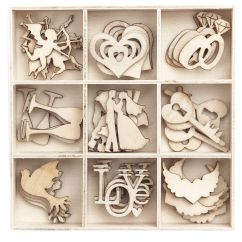 Forme decorative din lemn - Wedding, 9 modele diferite, 45 buc/set, natur, Dp Craft
