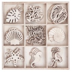 Forme decorative din lemn - Holidays, 9 modele diferite, 45 buc/set, natur, Dp Craft