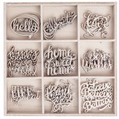 Forme decorative din lemn - Words, 9 modele diferite, 45 buc/set, natur, Dp Craft