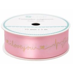 Panglica decorativa din satin, I love you, 2.5cmx5m, roz/auriu, Dp Craft