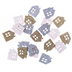 Forme decorative din lemn - case cu sclipici, 1.7x2.2cm, 21 buc/set, auriu/argintiu/alb, Dp Craft
