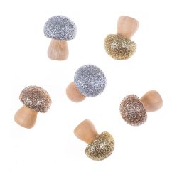 Forme decorative din lemn - ciuperci cu sclipici, 2.6x3.4cm, 6 buc/set, auriu/argintiu/roz, Dp Craft