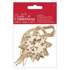 Figurine decorative din lemn - stea cu inger, cu agatatoare, 8cm, 6 buc/set, natur, Create Christmas