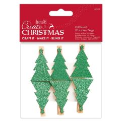 Carlige decorative din lemn, braduti Craciun, 4.5cm, 6 buc/set, verde, Create Christmas