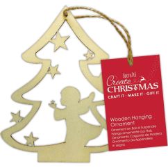 Figurine decorative din lemn - brad cu inger, cu agatatoare, 12cm, natur, Create Christmas