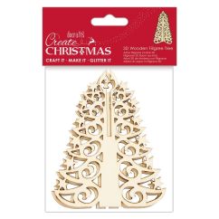 Figurine decorative din lemn - brad filigran 3D, cu agatatoare, 12cm, natur, Create Christmas