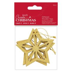 Figurine decorative din lemn - stea cu sclipici, cu agatatoare, 8cm, 3 buc/set, auriu, Create Christmas