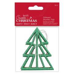 Figurine decorative din lemn - brad cu sclipici, cu agatatoare, 10cm, 3 buc/set, verde, Create Christmas