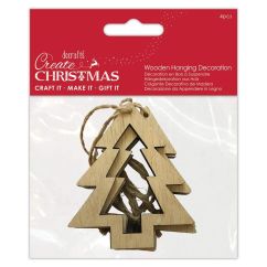 Figurine decorative din lemn - brad, cu agatatoare, 8.5cm, 4 buc/set, natur, Create Christmas