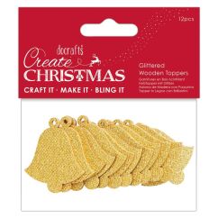 Figurine decorative din lemn - clopotei cu sclipici, 5cm, 12 buc/set, auriu, Create Christmas