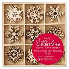 Figurine decorative din lemn - fulgi de zapada, 9 modele diferite, 45 buc/set, natur, Create Christmas