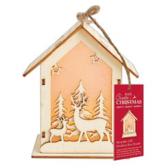 Casuta decorativa din lemn cu lumina LED, cerbi/braduti/stele, H13cm, natur, Create Christmas