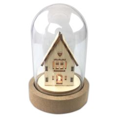 Casuta din lemn cu lumina LED in glob clopot din plastic, H12cm, natur, Create Christmas