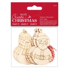 Figurine decorative din lemn - om de zapada si Mos Craciun, cu agatatoare, 6 buc/set, 8.5cm, natur, Create Christmas