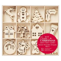 Forme decorative din lemn - motive de Craciun, 12 modele diferite, 48 buc/set, natur, Create Christmas