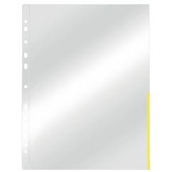 Folii de protectie A4, deschidere in L, cristal, 105 microni, 100 buc/set, margine galbena, Esselte