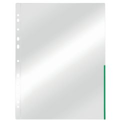 Folii de protectie A4, deschidere in L, cristal, 105 microni, 100 buc/set, margine verde, Esselte